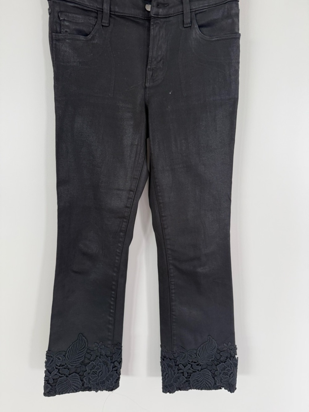 Straight Leg Women's Black Jeans with Embroidered Hem